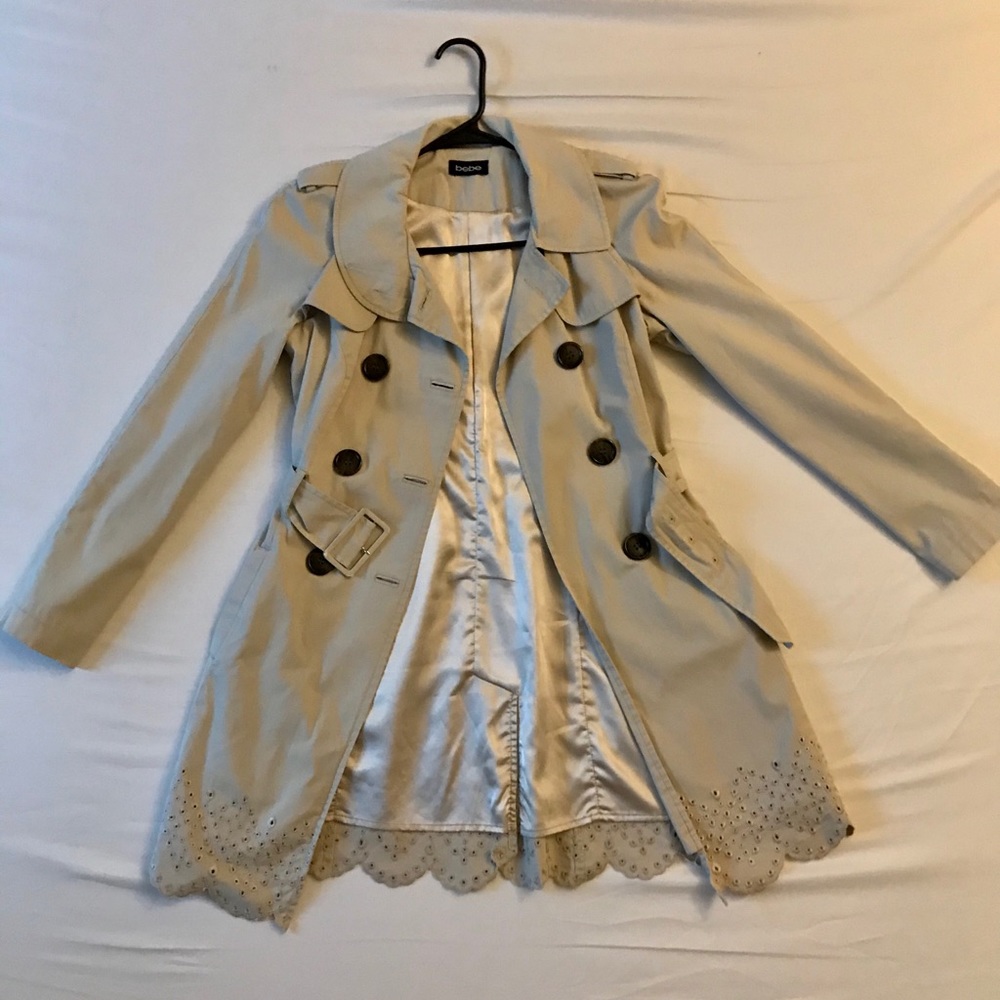 Bebe Trench Coat in Khaki w/ Eyelet Scalloped Trim